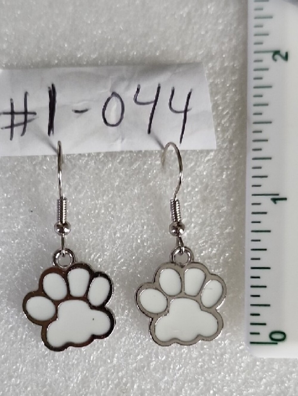 Hand Crafted White Paw Print Drop Earrings - Picture 2 of 4